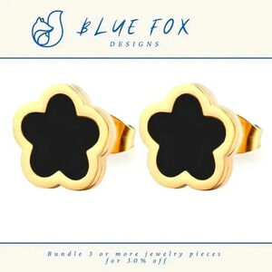 *NEW* 18K Gold Plated Stainless Steel Flower Earrings -  Black & Gold